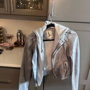jkt Women’s Light Gray Leather Hooded Moto Jacket